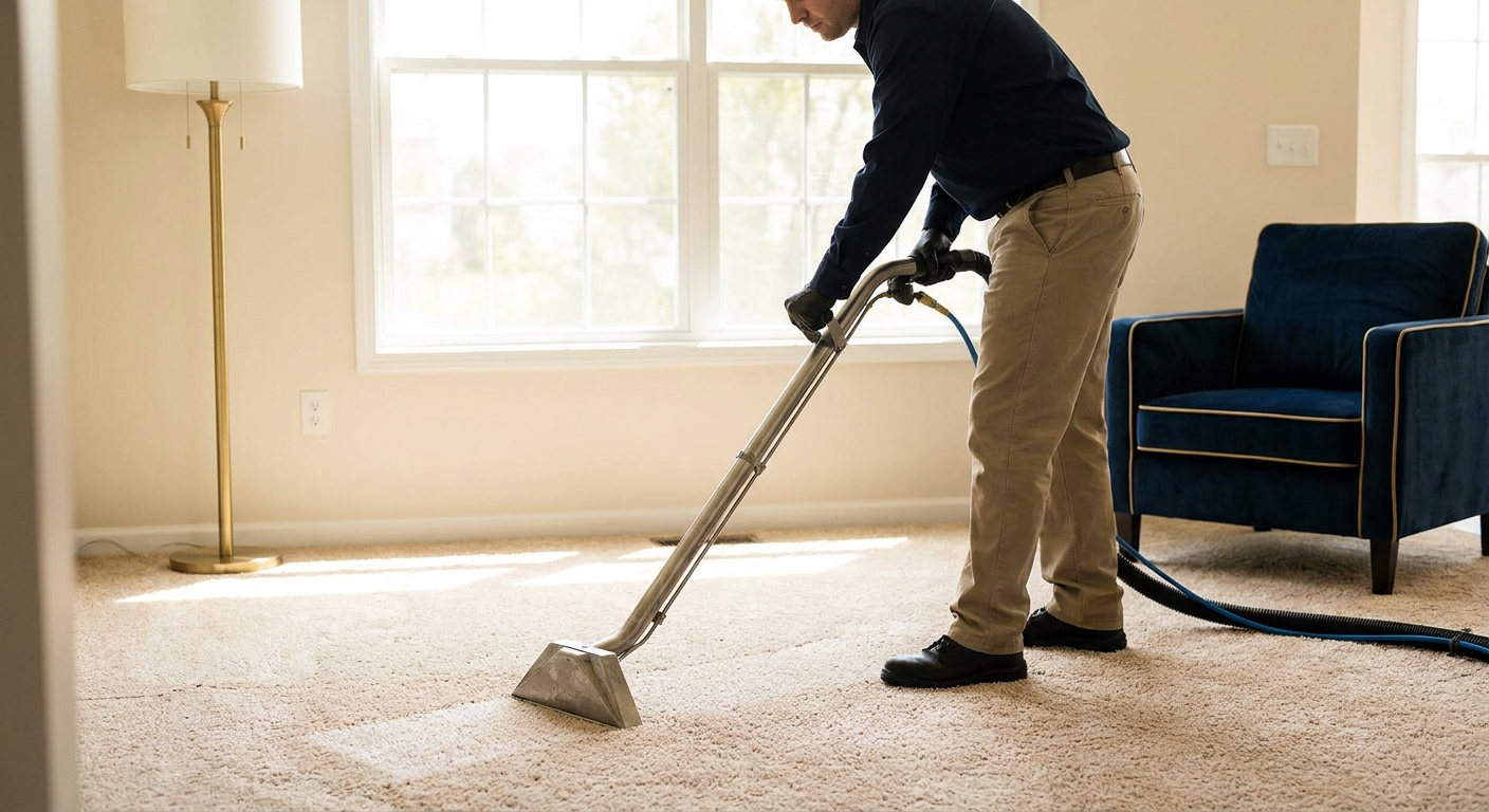 Carpet cleaning technician using extraction equipment in a residential room